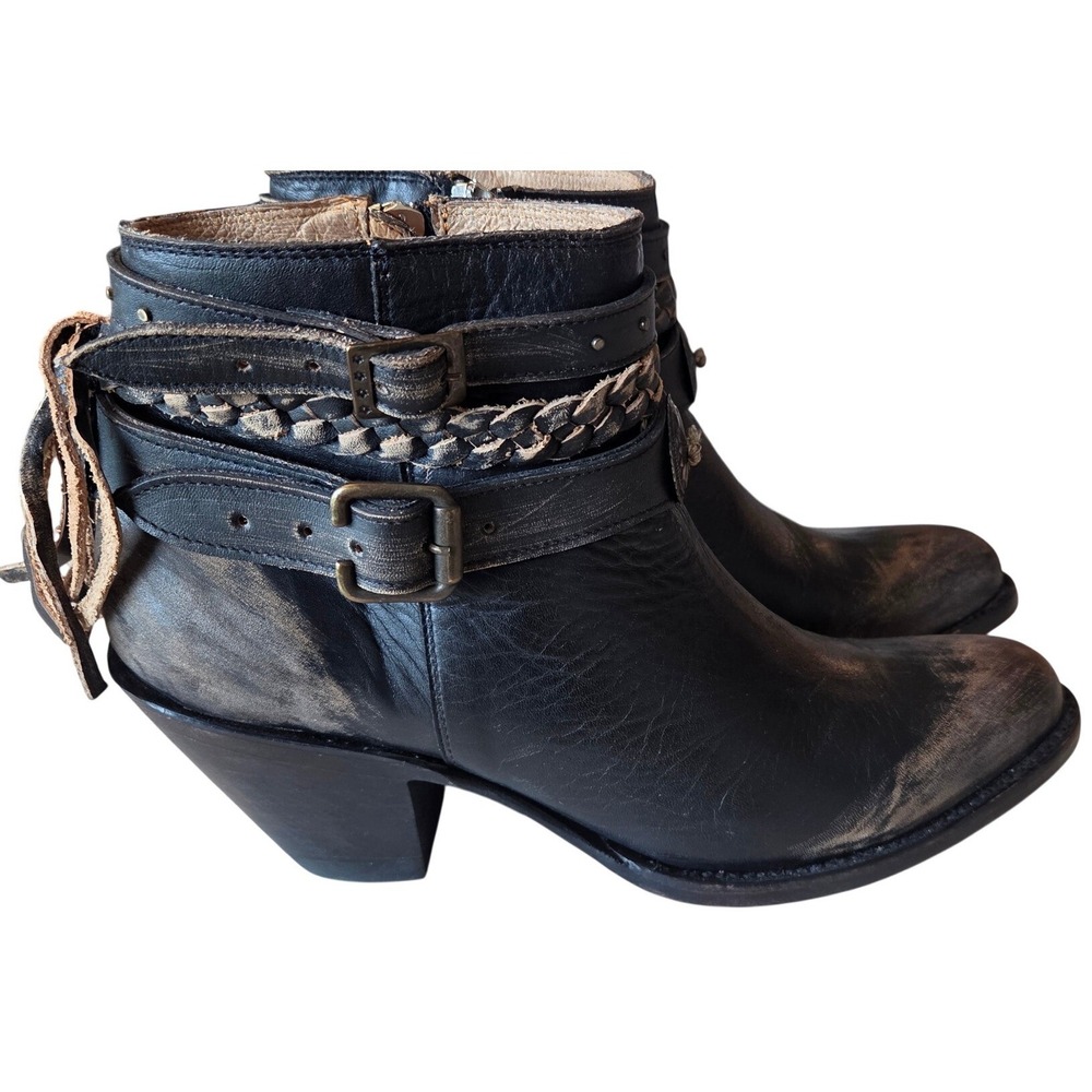 Idyllewind Ankle Boots Leather Distressed Western Fringe Black Boho Moto 7.5B